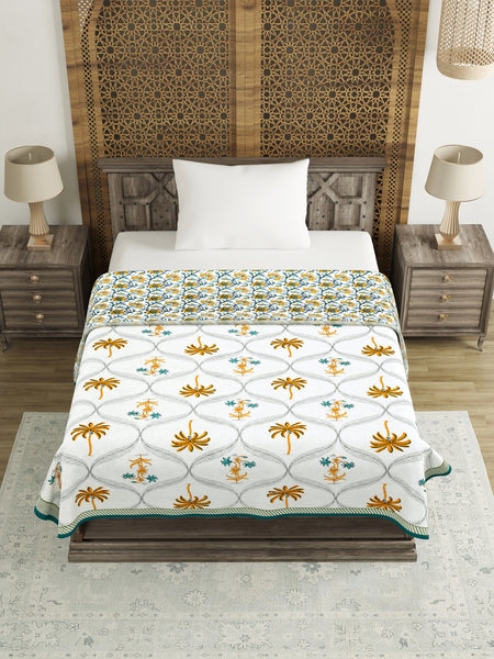 BLOCKS OF INDIA Hand Block Printed Cotton Summer Single Size Reversible Printed Malmal Dohar Yellow Tree