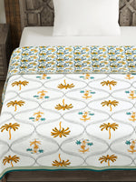 BLOCKS OF INDIA Hand Block Printed Cotton Summer Single Size Reversible Printed Malmal Dohar Yellow Tree