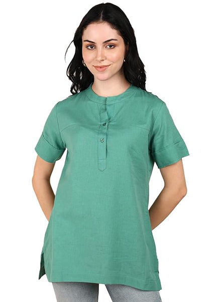 BLOCKS OF INDIA Cotton Solid Color Top for Women - Green