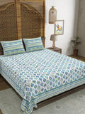 Hand Block Printed Cotton Super King Size Bedsheet(270x 270) (Blue Grey Run)