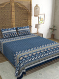 Hand Block Printed Cotton Super King Size Bedsheet(270x 270) (Blue Ele)