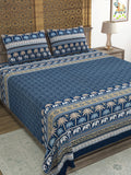 Hand Block Printed Cotton Super King Size Bedsheet(270x 270) (Blue Ele)