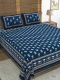 Hand Block Printed Cotton Super King Size Bedsheet(270x 270) (Blue flower)