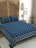 Hand Block Printed Cotton Super King Size Bedsheet(270x 270) (Blue flower)
