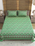 Hand Block Printed Cotton Super King Size Bedsheet(270x 270) (Green Flower)