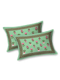 Hand Block Printed Cotton Super King Size Bedsheet(270x 270) (Green Flower)