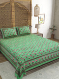 Hand Block Printed Cotton Super King Size Bedsheet(270x 270) (Green Flower)