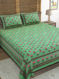 Hand Block Printed Cotton Super King Size Bedsheet(270x 270) (Green Flower)