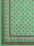 Hand Block Printed Cotton Super King Size Bedsheet(270x 270) (Green Flower)