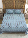 Hand Block Printed Cotton Super King Size Bedsheet(270x 270) (Grey Flower)
