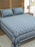 Hand Block Printed Cotton Super King Size Bedsheet(270x 270) (Grey Flower)