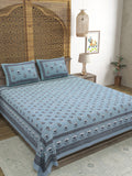 Hand Block Printed Cotton Super King Size Bedsheet(270x 270) (Grey Flower)