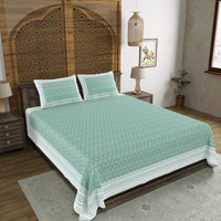 BLOCKS OF INDIA Hand Block Printed Cotton Super King Size Bedsheet(270 x 270) (GREEN DOT)