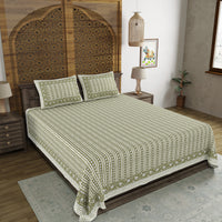 BLOCKS OF INDIA Hand Block Printed Cotton Super King Size Bedsheet(270 x 270) (GREEN LINE)