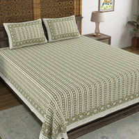 BLOCKS OF INDIA Hand Block Printed Cotton Super King Size Bedsheet(270 x 270) (GREEN LINE)