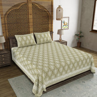 BLOCKS OF INDIA Hand Block Printed Cotton Super King Size Bedsheet(270 x 270) (GREEN PINE TREE)