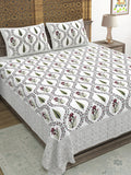 Hand Block Printed Cotton Super King Size Bedsheet(270x 270) (Green Pink Patti)