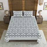 BLOCKS OF INDIA Hand Block Printed Cotton Super King Size Bedsheet(270 x 270) (GREY GAD ELE)