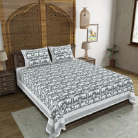 BLOCKS OF INDIA Hand Block Printed Cotton Super King Size Bedsheet(270 x 270) (GREY GAD ELE)