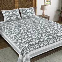 BLOCKS OF INDIA Hand Block Printed Cotton Super King Size Bedsheet(270 x 270) (GREY GAD ELE)