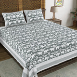 BLOCKS OF INDIA Hand Block Printed Cotton Super King Size Bedsheet(270 x 270) (GREY GAD ELE)