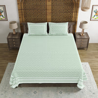 BLOCKS OF INDIA Hand Block Printed Cotton Super King Size Bedsheet(270 x 270) (LIGHT GREEN GAD BUTI)