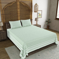 BLOCKS OF INDIA Hand Block Printed Cotton Super King Size Bedsheet(270 x 270) (LIGHT GREEN GAD BUTI)