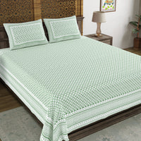 BLOCKS OF INDIA Hand Block Printed Cotton Super King Size Bedsheet(270 x 270) (LIGHT GREEN GAD BUTI)