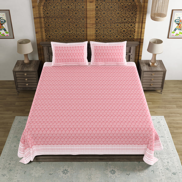 BLOCKS OF INDIA Hand Block Printed Cotton Super King Size Bedsheet(270 x 270) (PINK DOT)