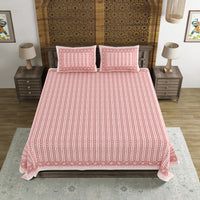 BLOCKS OF INDIA Hand Block Printed Cotton Super King Size Bedsheet(270 x 270) (PINK LINE)