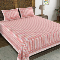 BLOCKS OF INDIA Hand Block Printed Cotton Super King Size Bedsheet(270 x 270) (PINK LINE)