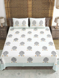 Hand Block Printed Cotton Super King Size Bedsheet(270x 270) (TREE OF LIFE GREEN)
