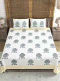 Hand Block Printed Cotton Super King Size Bedsheet(270x 270) (TREE OF LIFE YELLOW)