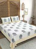 Hand Block Printed Cotton Super King Size Bedsheet(270x 270) (TREE OF LIFE YELLOW)