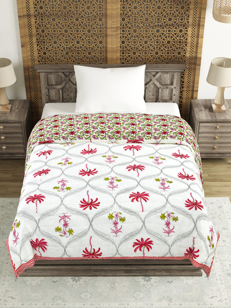 Cotton Single Size Quilt Hand Block Print for Light Winters (150x225 cm) (Pink Tree)
