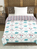 Cotton Single Size Quilt Hand Block Print for Light Winters (150x225 cm) (Turq Tree)