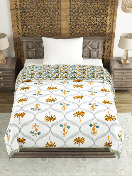 Cotton Single Size Quilt Hand Block Print for Light Winters (150x225 cm) (Yellow Tree)