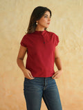 BLOCKS OF INDIA Linen Blend Cotton Cap Top For Women Maroon