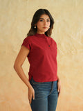 BLOCKS OF INDIA Linen Blend Cotton Cap Top For Women Maroon