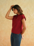 BLOCKS OF INDIA Linen Blend Cotton Cap Top For Women Maroon