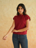 BLOCKS OF INDIA Linen Blend Cotton Cap Top For Women Maroon