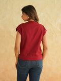 BLOCKS OF INDIA Linen Blend Cotton Cap Top For Women Maroon