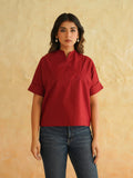 BLOCKS OF INDIA Linen Blend Cotton Korean Top For Women Maroon