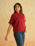 BLOCKS OF INDIA Linen Blend Cotton Korean Top For Women Maroon