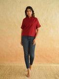 BLOCKS OF INDIA Linen Blend Cotton Korean Top For Women Maroon