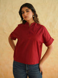 BLOCKS OF INDIA Linen Blend Cotton Korean Top For Women Maroon