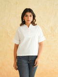 BLOCKS OF INDIA Linen Blend Cotton Korean Top For Women White