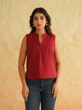 BLOCKS OF INDIA Linen Blend Cotton Sleeveless Top For Women Maroon