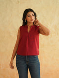 BLOCKS OF INDIA Linen Blend Cotton Sleeveless Top For Women Maroon