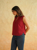 BLOCKS OF INDIA Linen Blend Cotton Sleeveless Top For Women Maroon